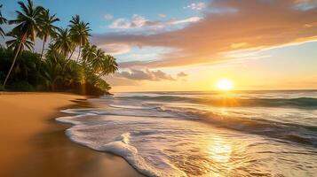 ai gegenereerd zonsondergang over- strand met palm bomen. generatief ai. foto
