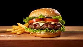 ai gegenereerd gegrild rundvlees hamburger Aan houten tafel, ongezond maar heerlijk gegenereerd door ai foto