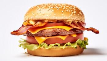 ai gegenereerd gegrild rundvlees hamburger met kaas, tomaat, en fijnproever brood gegenereerd door ai foto