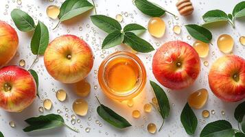 ai gegenereerd honing met appel fruit Aan een wit achtergrond foto