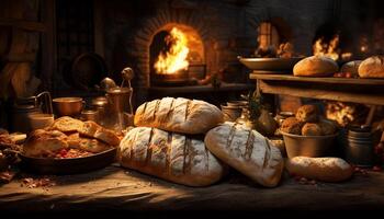 ai gegenereerd rustiek eigengemaakt brood gebakken in hout ontslagen oven gegenereerd door ai foto
