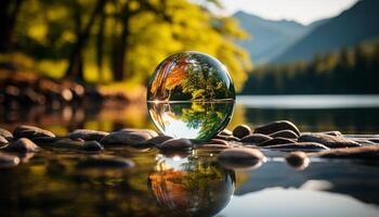 ai gegenereerd rustig tafereel water weerspiegelt herfst Woud, groen bladeren, en schoonheid gegenereerd door ai foto