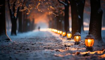 ai gegenereerd winter nacht verlichte lantaarns gloed, natuur schoonheid in rustig duisternis gegenereerd door ai foto