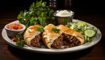 ai gegenereerd gegrild rundvlees en varkensvlees taco's, vers salade, klaar naar eten goedheid gegenereerd door ai foto