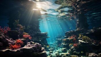 ai gegenereerd onderwater- vis onderzoeken natuur schoonheid in tropisch koraal rif gegenereerd door ai foto