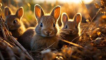 ai gegenereerd schattig konijn zittend in gras, omringd door klein boerderij dieren gegenereerd door ai foto