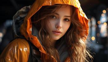 ai gegenereerd jong vrouw in herfst regenen, op zoek Bij camera met elegantie gegenereerd door ai foto