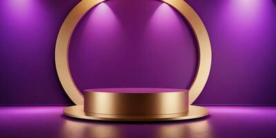 ai gegenereerd gouden podium met luxe Purper kamer achtergrond gegenereerd ai foto