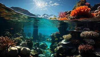 ai gegenereerd onderwater- rif vis in natuur, koraal water, diep tropisch klimaat gegenereerd door ai foto