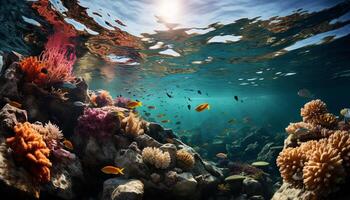 ai gegenereerd onderwater- rif vis in natuur, koraal water, diep tropisch klimaat gegenereerd door ai foto