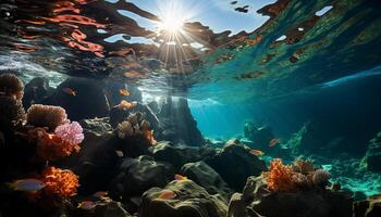 ai gegenereerd onderwater- avontuur zwemmen onderstaand, verkennen natuur multi gekleurde aquatisch landschap gegenereerd door ai foto