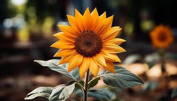 ai gegenereerd helder geel zonnebloem in natuur, dichtbij omhoog van levendig bloemblaadjes gegenereerd door ai foto