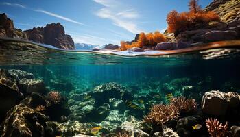 ai gegenereerd onderwater- vis zwemmen in de blauw, tropisch koraal rif gegenereerd door ai foto