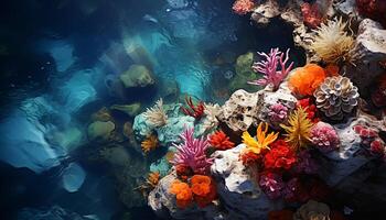 ai gegenereerd onderwater- rif vis in natuur, multi gekleurde koraal, diep blauw water gegenereerd door ai foto