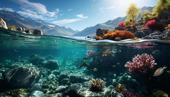 ai gegenereerd onderwater- vis zwemmen in diep blauw zee, verkennen koraal rif gegenereerd door ai foto