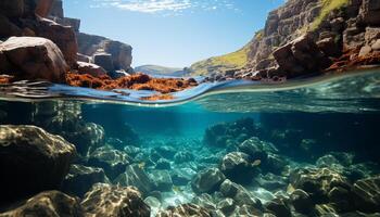 ai gegenereerd onderwater- avontuur zwemmen met vis in een tropisch rif gegenereerd door ai foto