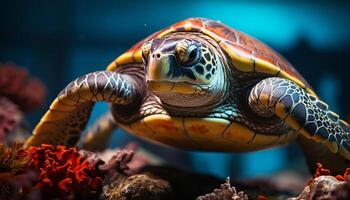 ai gegenereerd een schattig schildpad zwemt in de blauw onderwater- rif gegenereerd door ai foto