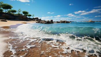 ai gegenereerd idyllisch zomer kustlijn turkoois golven, zanderig strand, rustig wateren gegenereerd door ai foto