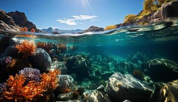 ai gegenereerd onderwater- avontuur zwemmen met vis in een tropisch rif gegenereerd door ai foto