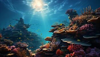 ai gegenereerd onderwater- rif vis in natuur, blauw water, koraal, tropisch klimaat gegenereerd door ai foto