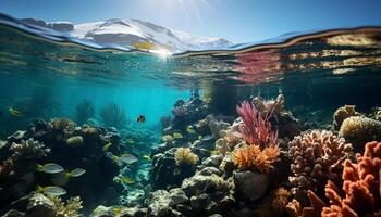ai gegenereerd onderwater- rif, natuur vis, koraal, blauw water, diep avontuur gegenereerd door ai foto