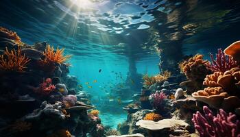 ai gegenereerd onderwater- rif vis in natuur, diep blauw tropisch klimaat gegenereerd door ai foto
