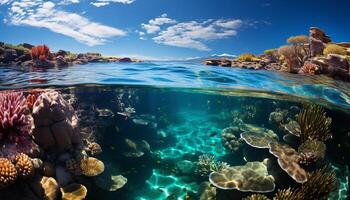 ai gegenereerd onderwater- rif, natuur vis, water dier, blauw koraal, tropisch klimaat gegenereerd door ai foto