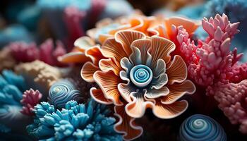ai gegenereerd onderwater- rif vis in multi gekleurde koraal decoratie, blauw achtergronden gegenereerd door ai foto