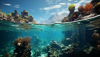 ai gegenereerd onderwater- avontuur vis zwemmen hieronder koraal rif in tropisch zee gegenereerd door ai foto