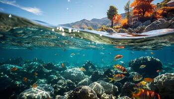 ai gegenereerd onderwater- vis zwemmen hieronder blauw water, verkennen koraal rif gegenereerd door ai foto