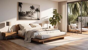 ai gegenereerd modern appartement slaapkamer met comfortabel bed, elegant decor, en hardhout vloeren gegenereerd door ai foto