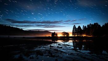 ai gegenereerd majestueus berg reeks weerspiegelt rustig schemering, silhouetten van bomen gegenereerd door ai foto