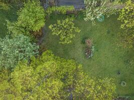 antenne visie van een groen achtertuin in lente landschap met bloeiend fruit bomen foto