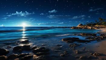 ai gegenereerd rustig zonsondergang over- blauw water, kustlijn weerspiegelt schoonheid in natuur gegenereerd door ai foto