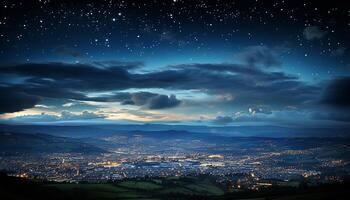 ai gegenereerd nacht lucht verlichte door de melkachtig manier over- berg landschap gegenereerd door ai foto