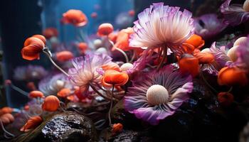 ai gegenereerd onderwater- schoonheid dichtbij omhoog van multi gekleurde vis in koraal rif gegenereerd door ai foto
