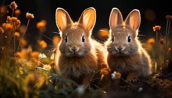 ai gegenereerd schattig konijn zittend in gras, genieten van natuur schoonheid gegenereerd door ai foto