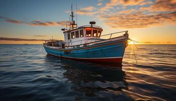 ai gegenereerd rustig zonsondergang Aan de kust, visvangst boot weerspiegelt nautische schoonheid gegenereerd door ai foto