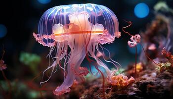 ai gegenereerd onderwater- schoonheid gloeiend, multi gekleurde tentakels verlichten de donker zee gegenereerd door ai foto