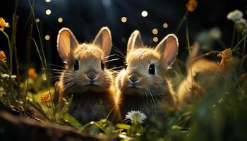 ai gegenereerd schattig konijn zittend in weide, genieten van natuur schoonheid gegenereerd door ai foto