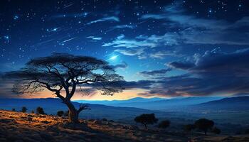 ai gegenereerd silhouet van acacia boom tegen geel lucht, natuur rustig schoonheid gegenereerd door ai foto