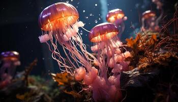 ai gegenereerd onderwater- vis tank onthult multi gekleurd, gloeiend, giftig zee leven gegenereerd door ai foto