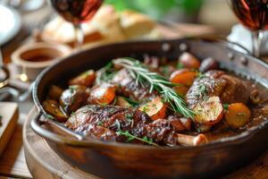 ai gegenereerd genieten in Frans traditie, coq au vin - een culinaire meesterwerk foto