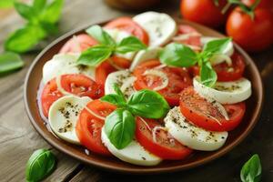 ai gegenereerd salade caprese met tomaat Mozzarella en basilicum. generatief ai foto