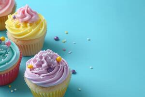 ai gegenereerd kleurrijk kop cakes geïsoleerd Aan pastel blauw achtergrond, kopiëren ruimte stijl, generatief ai foto