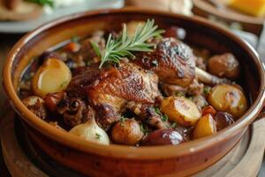 ai gegenereerd genieten in Frans traditie, coq au vin - een culinaire meesterwerk foto