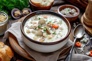 ai gegenereerd nieuw Engeland clam chowder soep wit boerderij keuken achtergrond. generatief ai foto