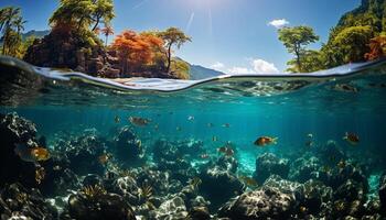 ai gegenereerd onderwater- vis rif, blauw water, tropisch klimaat, koraal schoonheid gegenereerd door ai foto