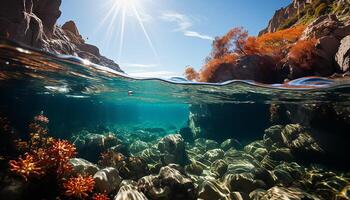 ai gegenereerd onderwater- avontuur vis zwemmen onderstaand, koraal rif onthult natuurlijk schoonheid gegenereerd door ai foto