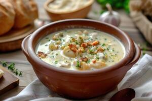 ai gegenereerd nieuw Engeland clam chowder soep wit boerderij keuken achtergrond. generatief ai foto